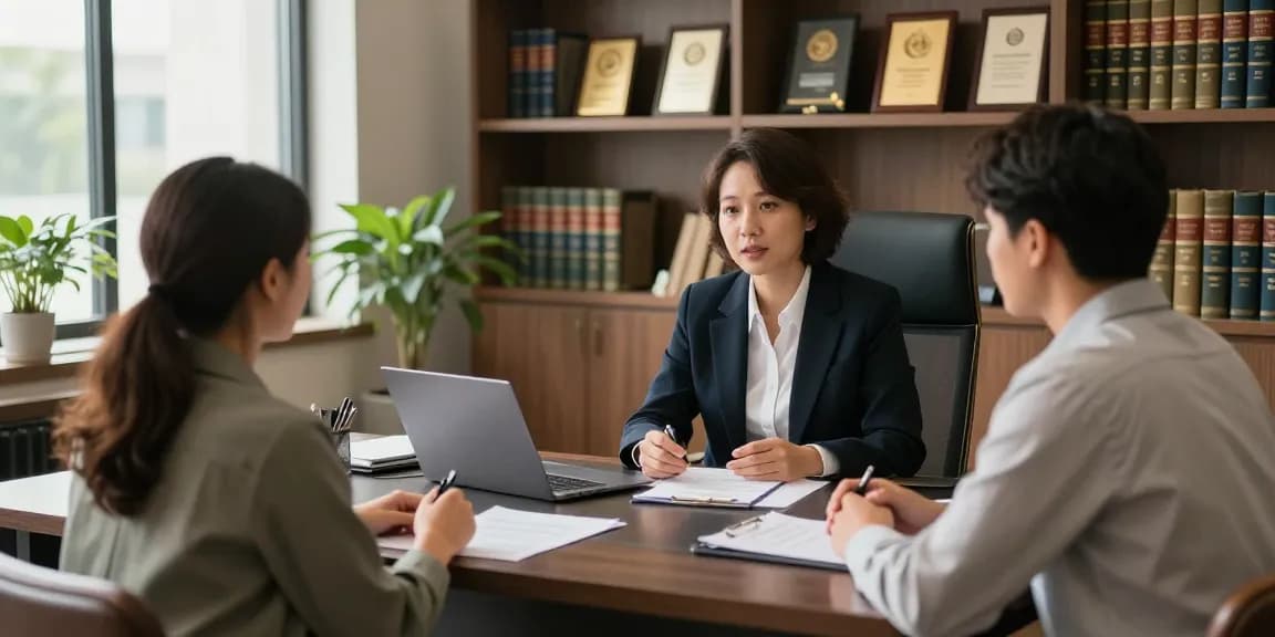 Engaging consultation scene with lawyer assisting clients at a law office, anchor for legal expertise.
