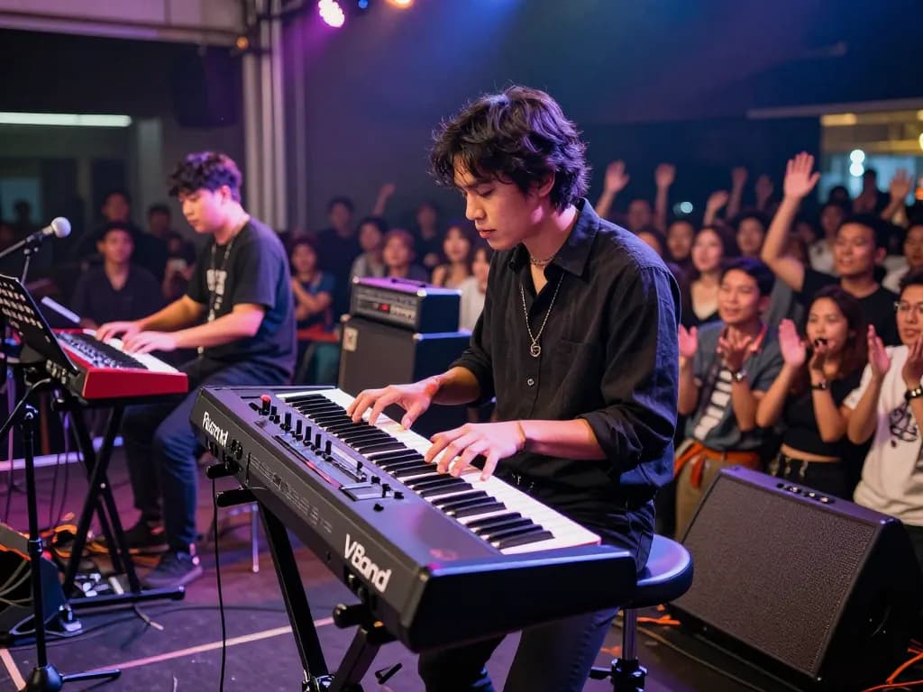 Musician performing with the VK88 combo organ on stage, engaging audience