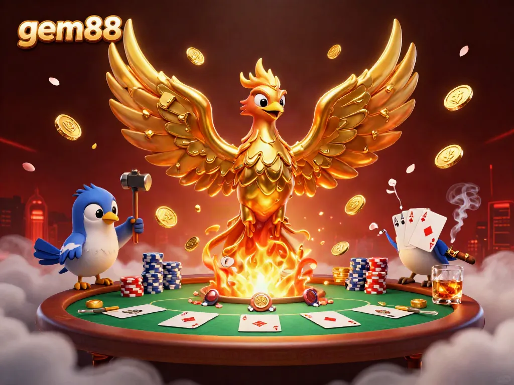 Experience thrilling gameplay with Gem88's golden phoenix, surrounded by vibrant poker elements.