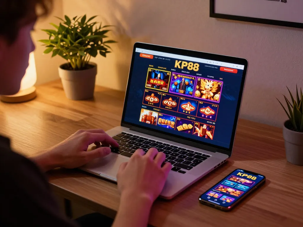 Player engaging with KP88 online casino, showcasing a lively gaming setup with laptop and smartphone.