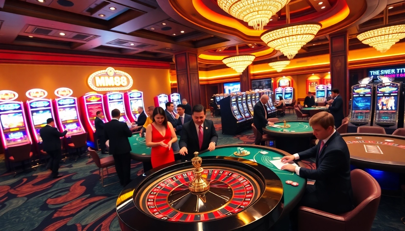 Engaging players enjoying the mm88 casino experience with a vibrant roulette table and slot machines.