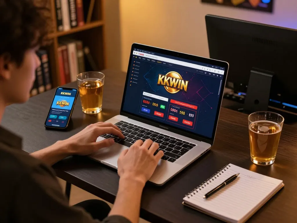 Person engaging in online gaming with KKWIN, showcasing a laptop, smartphone, and cozy atmosphere.