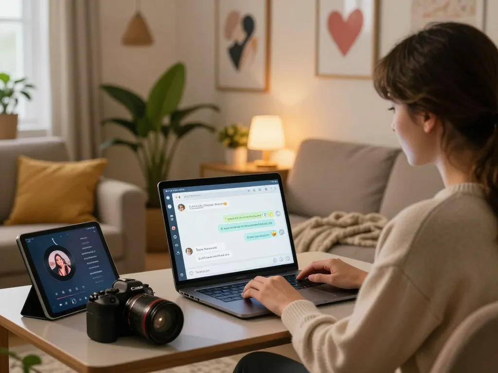 Engaging moment with girlfriend AI showing intimate messages and tech gadgets in cozy setting