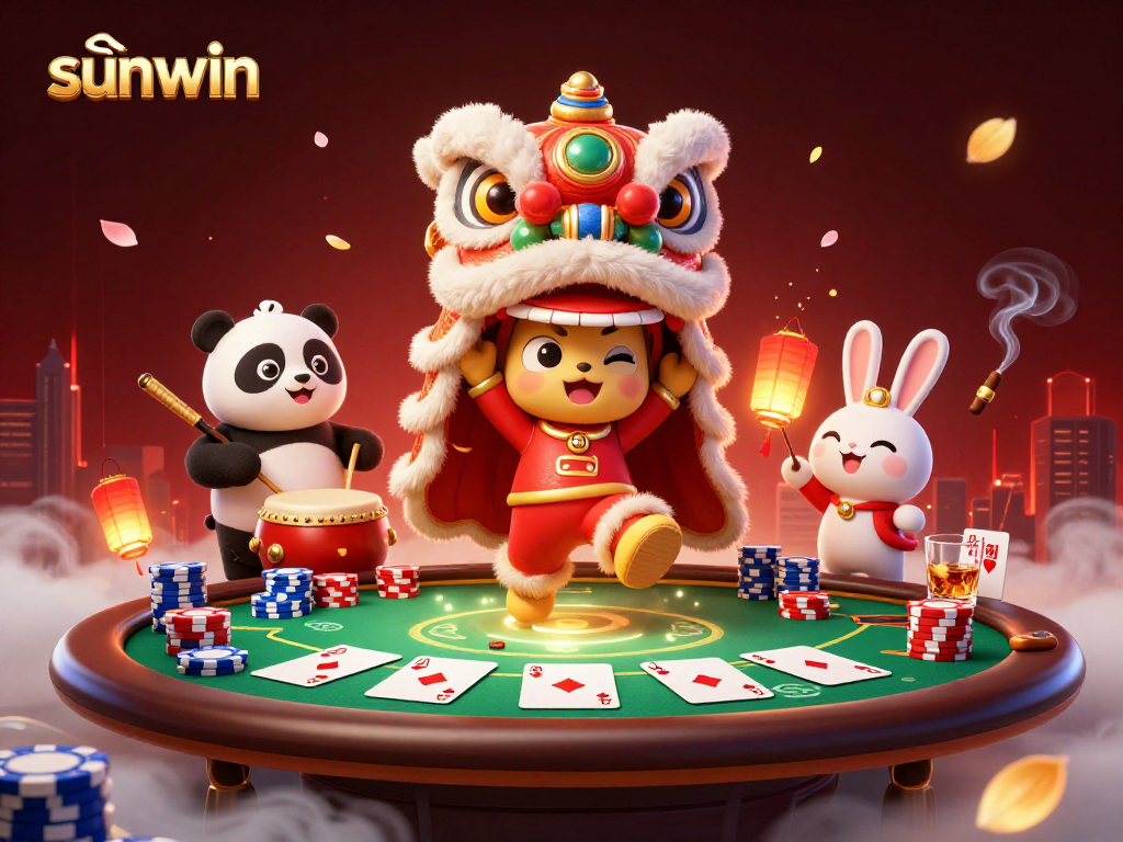 Experience sunwin excitement with a vibrant 3D illustration showcasing festive casino action.
