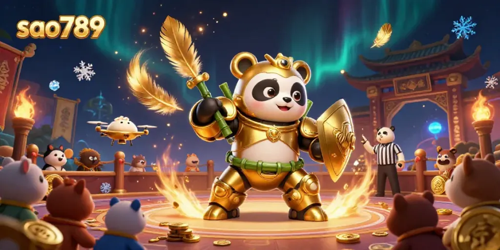 Explore exhilarating gaming with sao789 in a vibrant casino arena, featuring a mech-suit panda and dynamic elements.