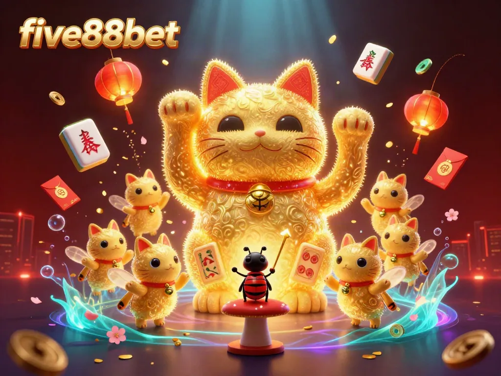Experience the vibrant excitement of five88bet with golden fireflies forming a lucky cat amidst dynamic casino symbols.