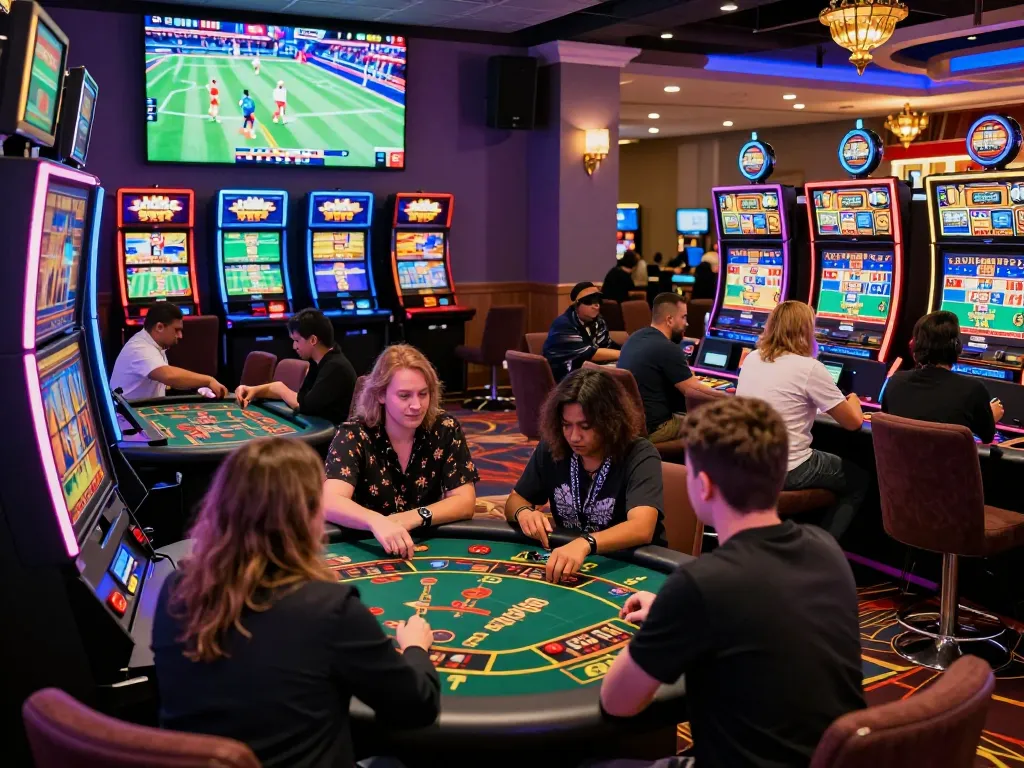 Exciting gaming atmosphere at https://ko66a.uk.com/, featuring diverse players and luxury casino vibe.