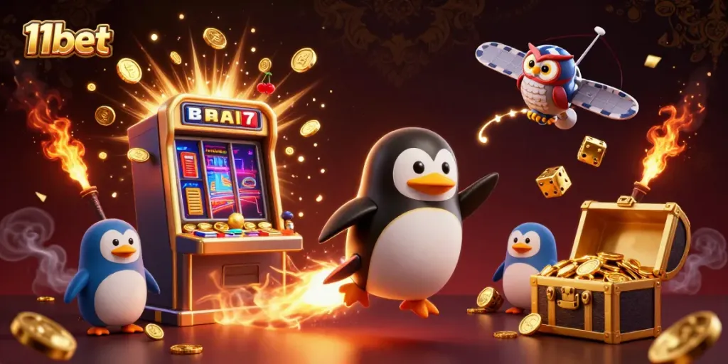 Experience the thrilling excitement of 11bet with a golden penguin rocket blasting into a jackpot-filled casino world.