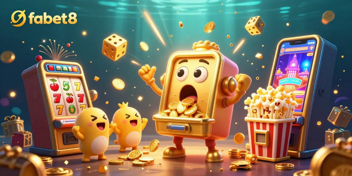 Experience fabet8’s thrilling jackpot scene with golden slot machines in action, cheering baby slots, and coins everywhere.