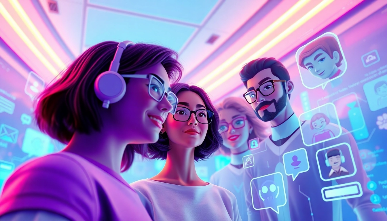 Engaging AI chat interface representing crush on ai with vibrant avatars and digital elements.