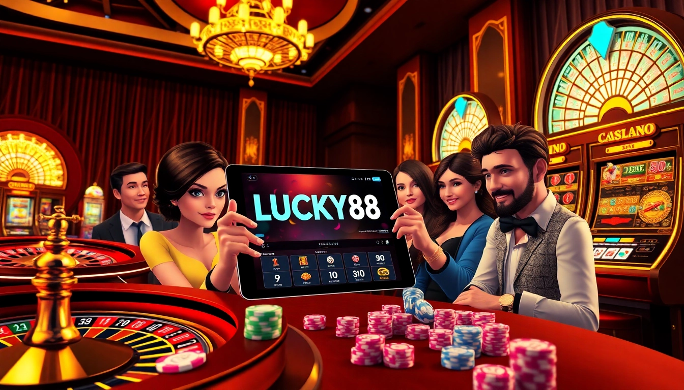 Engaged players enjoying the LUCKY88 APP amidst a vibrant casino atmosphere.
