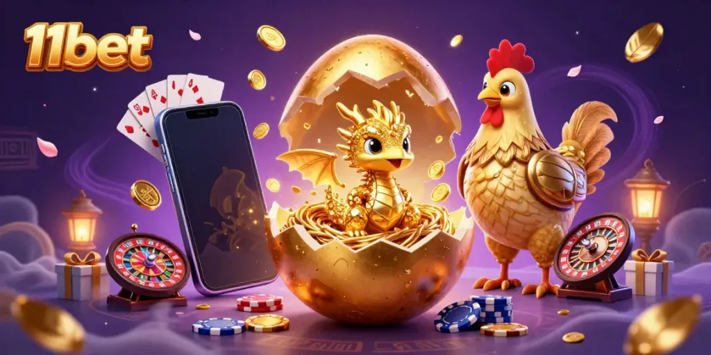 Engage with the vibrant world of 11bet, featuring a golden dragon and gaming elements.