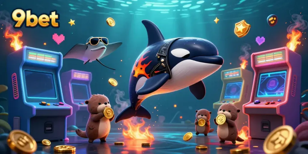 Experience the thrill of 9bet with dynamic characters and vibrant casino elements in a mesmerizing underwater scene.