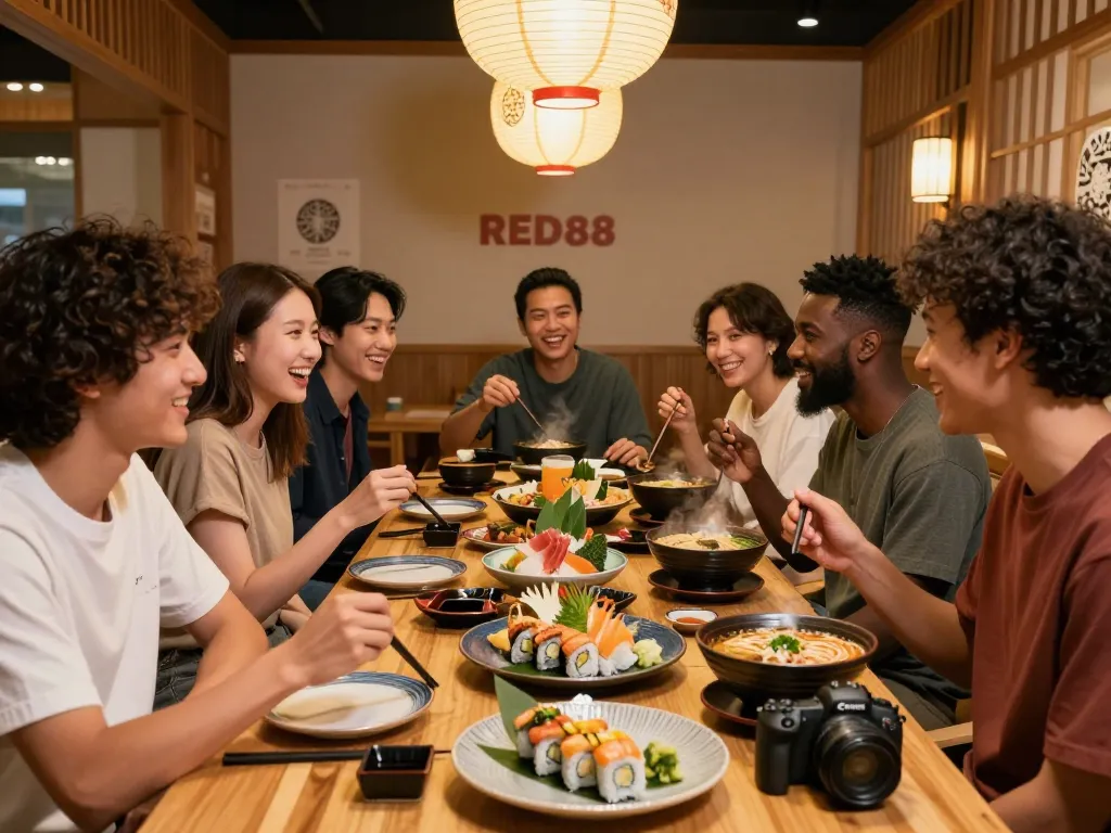 Friends enjoying a delicious meal at RED88 restaurant, featuring sushi and ramen in a warm, inviting atmosphere.