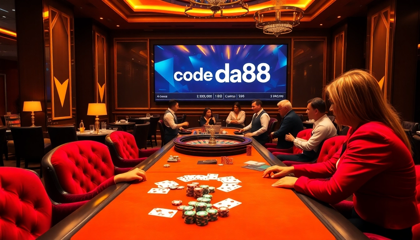 Engaging players at a luxurious casino table showcasing the code da88 while enjoying a poker game.