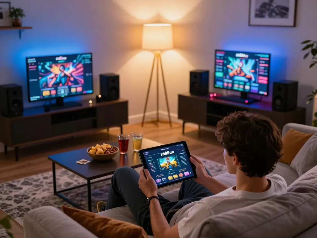 Engaged user playing on rr88com app on tablet in a cozy home setting.