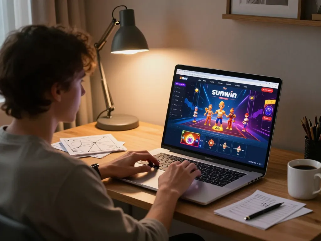 Engaging in online Sunwin gameplay at a stylish home office, focusing on strategy.