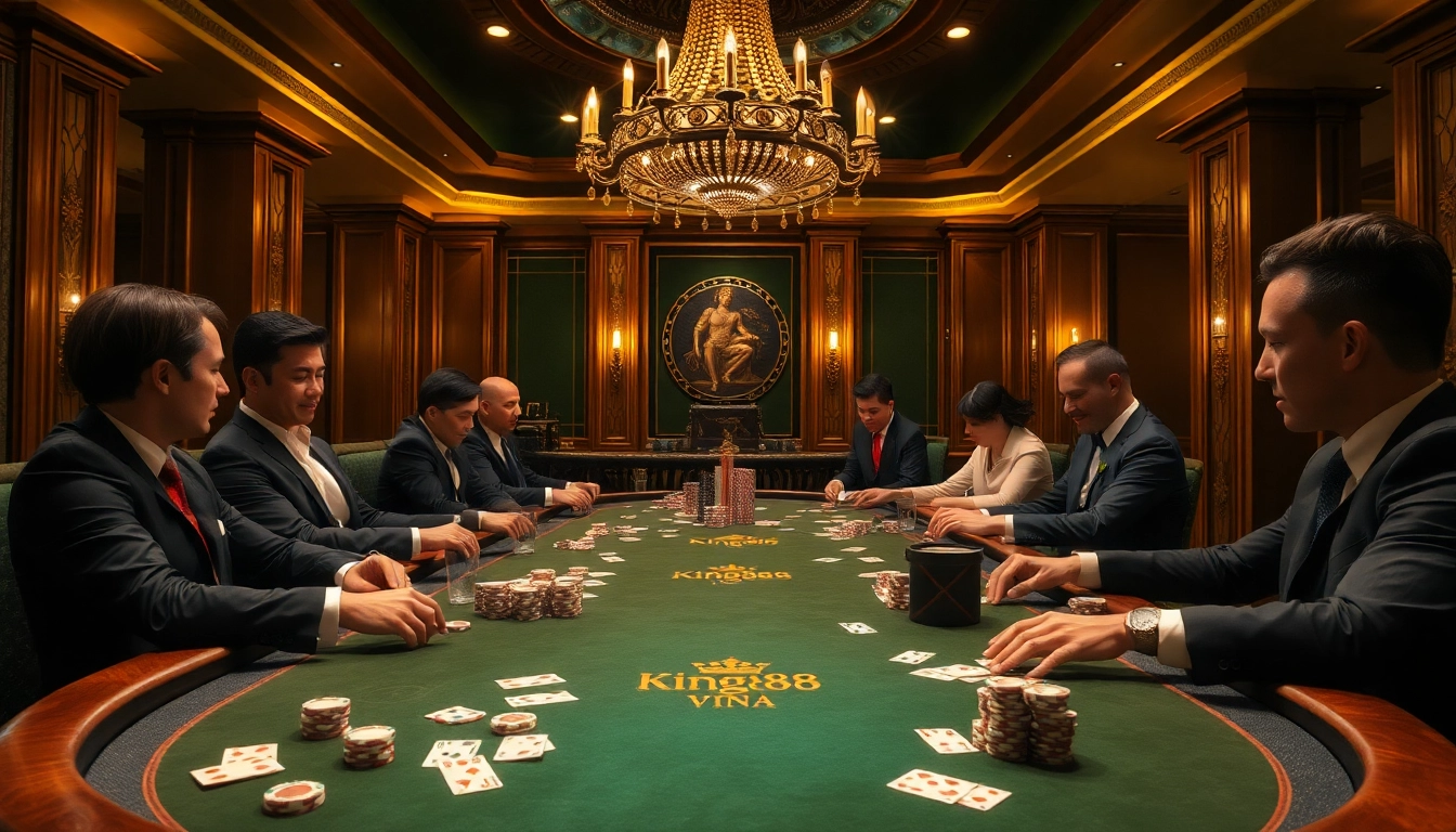 A thrilling poker game at a luxurious casino table featuring king88 vina branding with elegant players and chips.