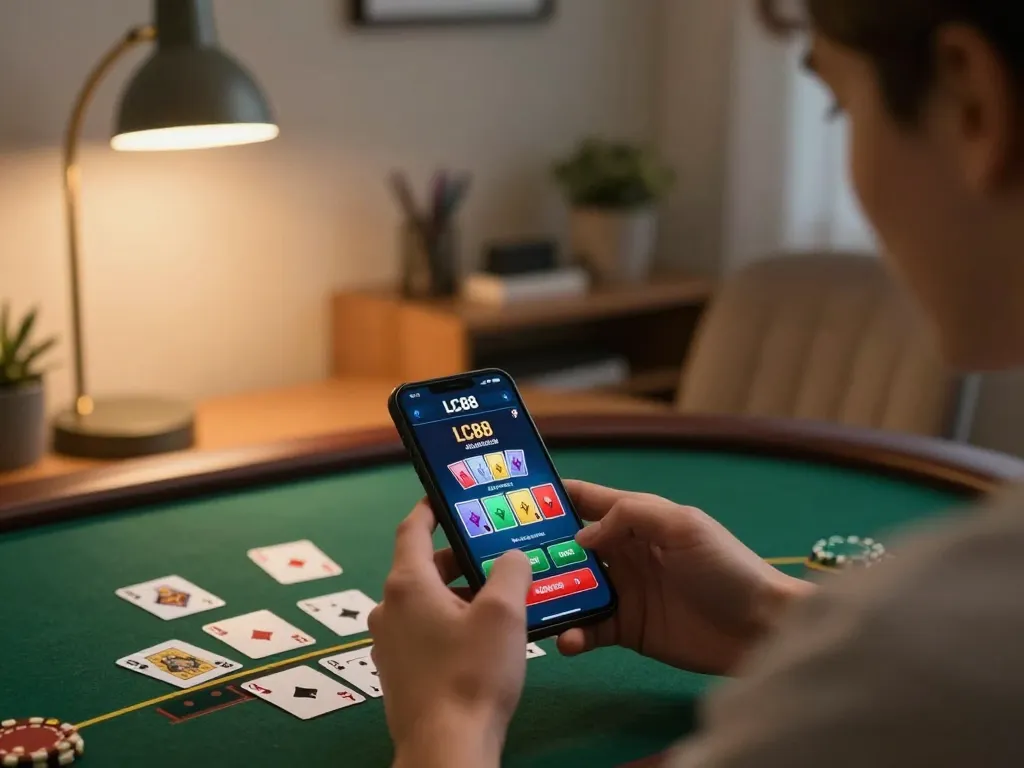 Player engaging with LC88 mobile casino app for live blackjack gameplay.