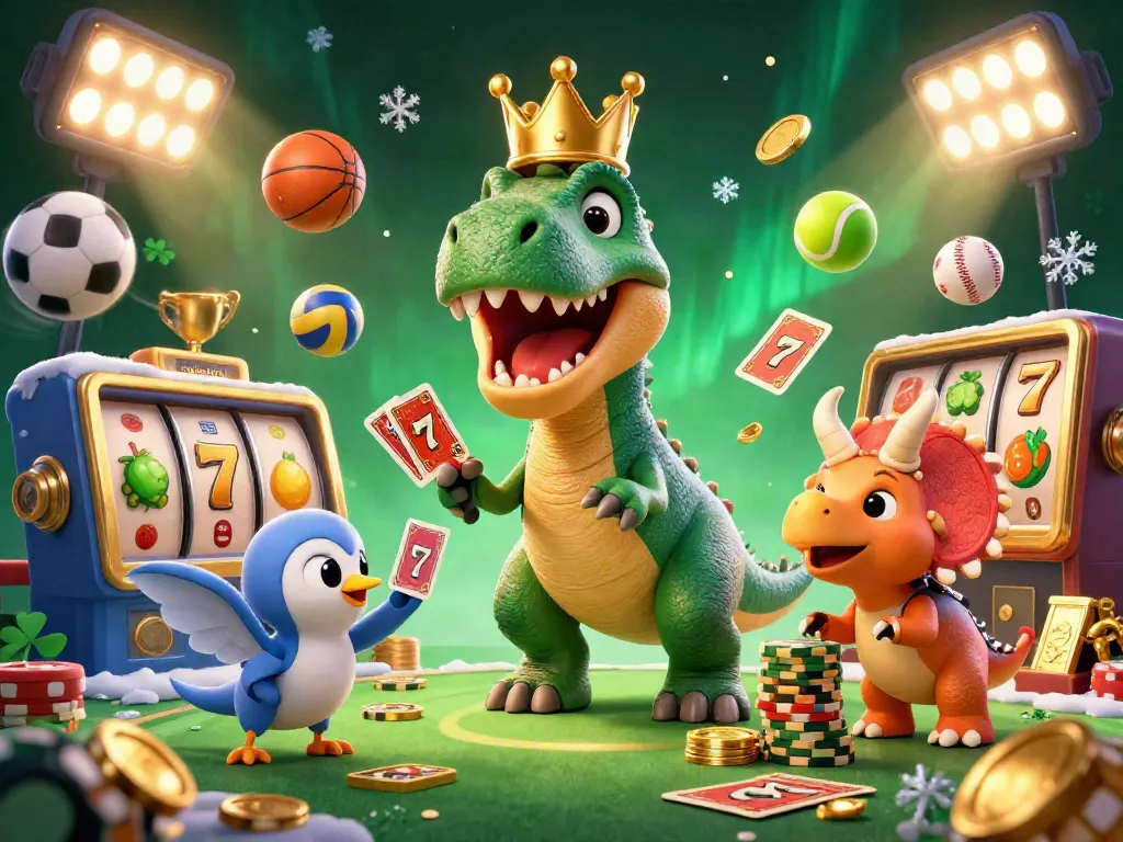 Experience the thrill of sunwin gaming with a playful dinosaur-themed scene showcasing classic casino elements.