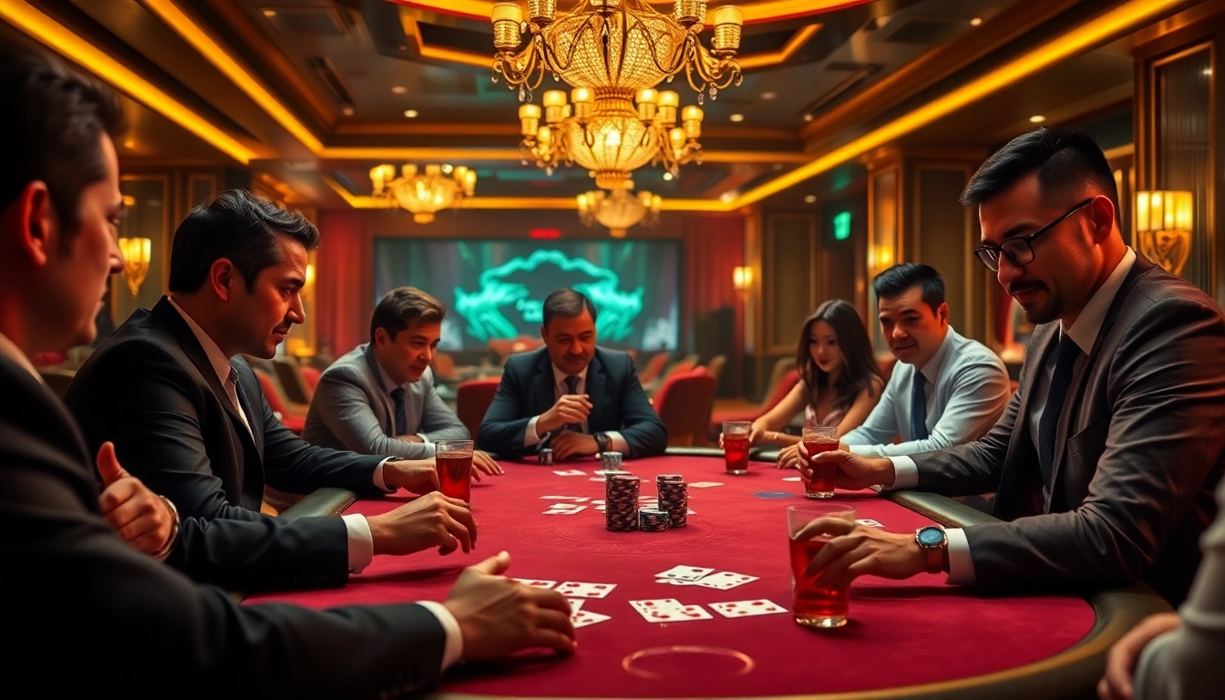 Intense poker players at a luxurious table showcasing Nhà cái uy tin elements with vibrant decor.