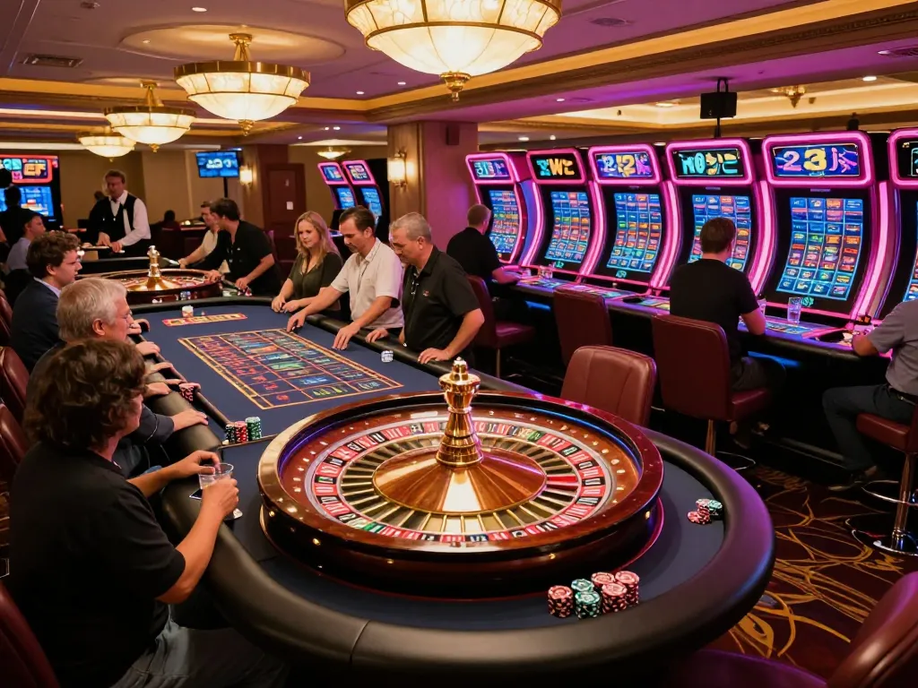 A thrilling scene at a24win casino with players engaging at spinning roulette tables, capturing excitement and social gambling atmosphere.