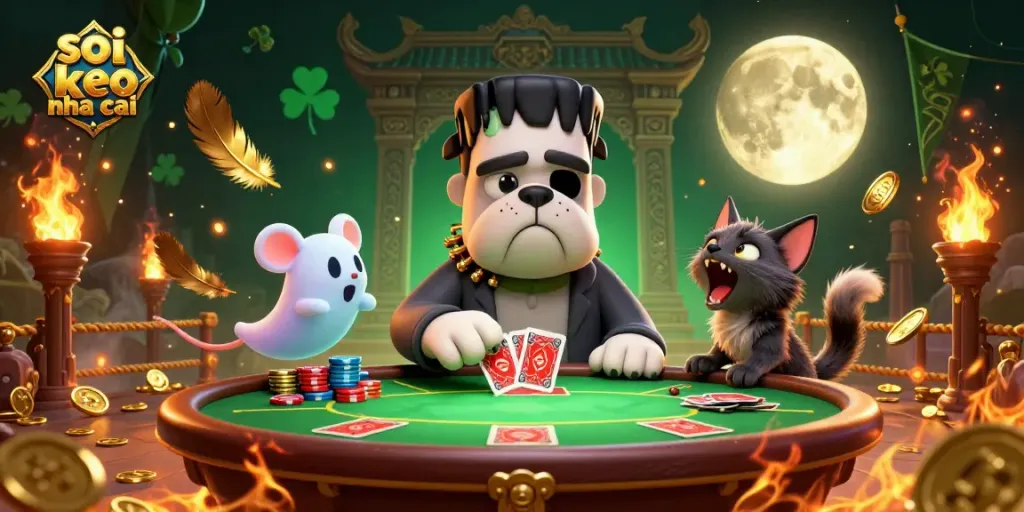 Soi keo nha cai showcasing a playful 3D scene with a Frankenstein bulldog dealing cards amid betting tokens, a ghost mouse, and a werewolf kitten.