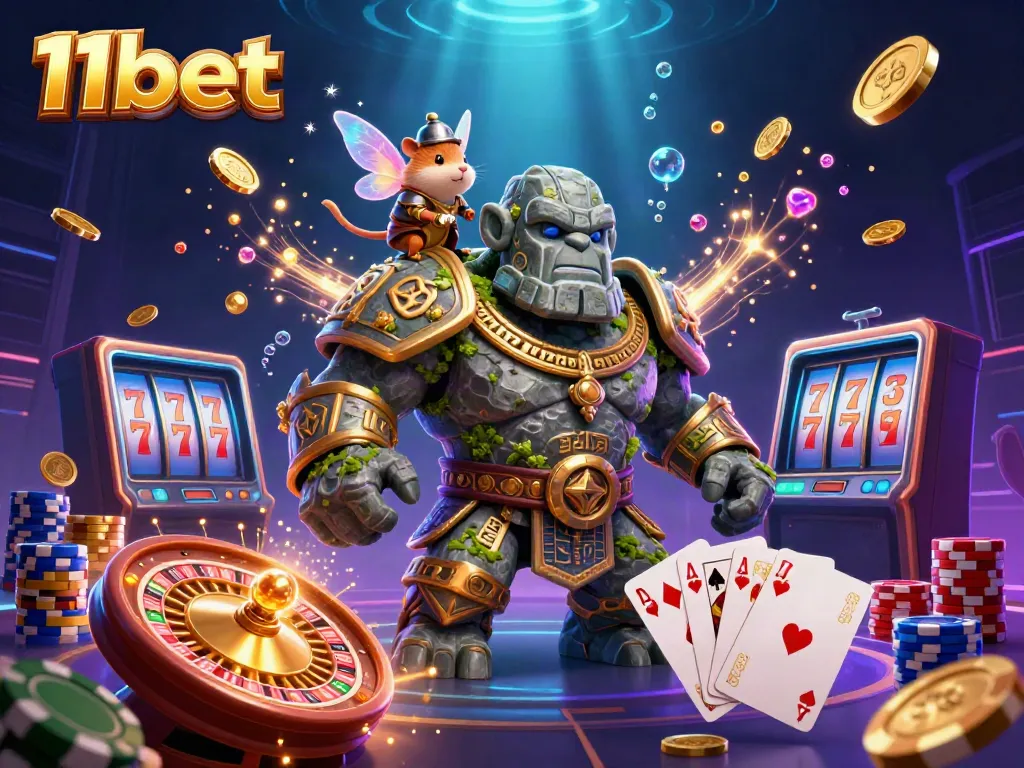 Dynamic scene capturing 11bet's essence with enchanted characters amidst vibrant casino elements.