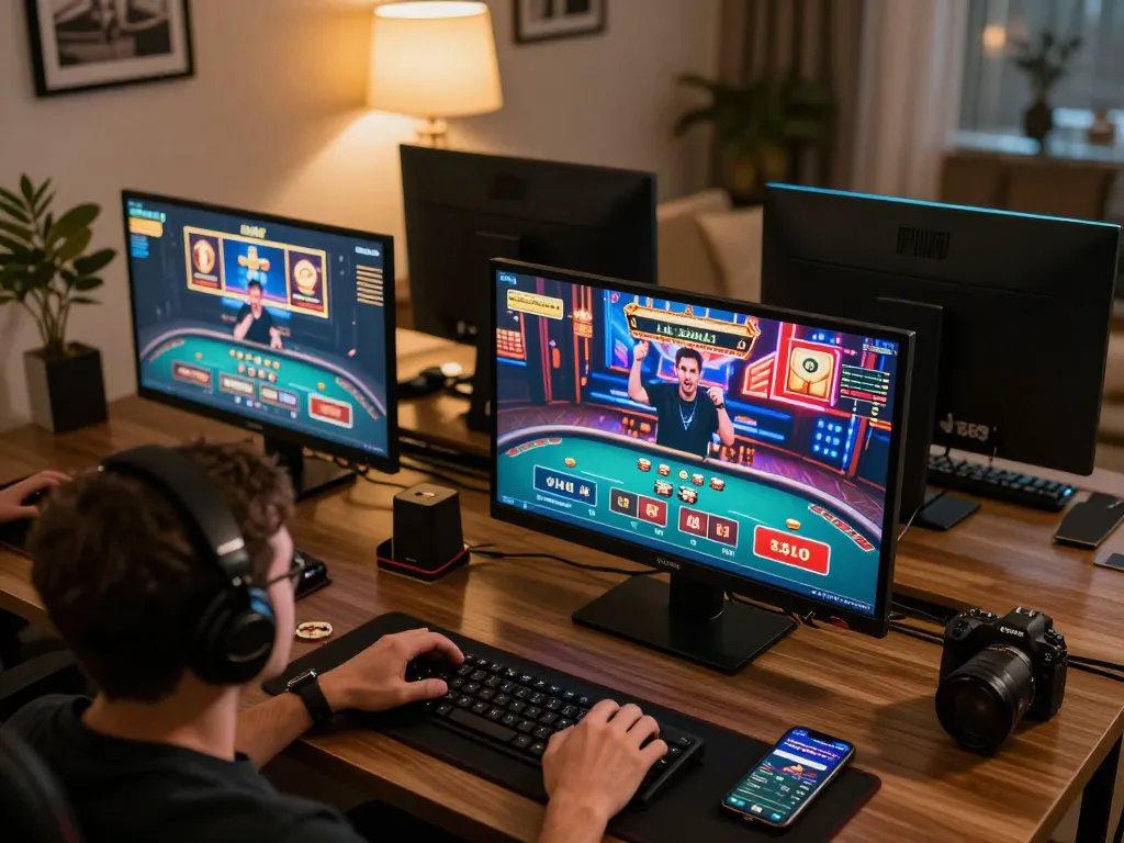 Player celebrates a win while gaming online at tr88, showcasing engaging casino games on multiple screens.