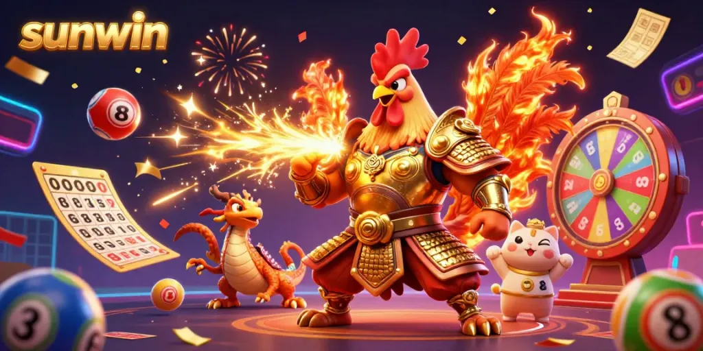 Join the fun at sunwin with a dynamic illustration showcasing a rooster warrior, dragon hatchling, and gambling elements.