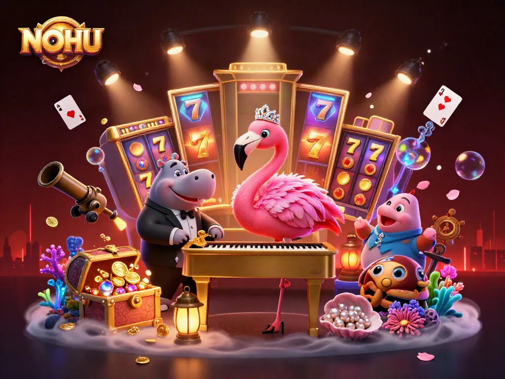 Experience the thrill of NOHU with vibrant slots, gold coins, and lively characters in a dazzling 3D scene.