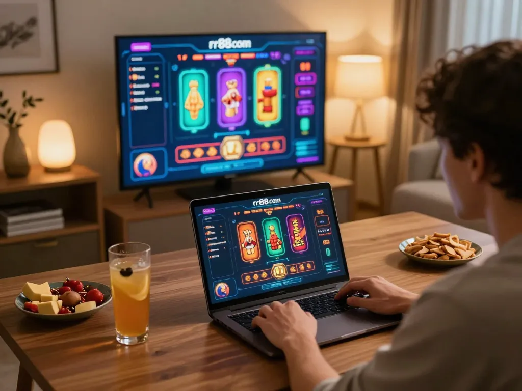 Player exploring interactive rr88com casino games on a laptop at home, enhancing online gaming experience.
