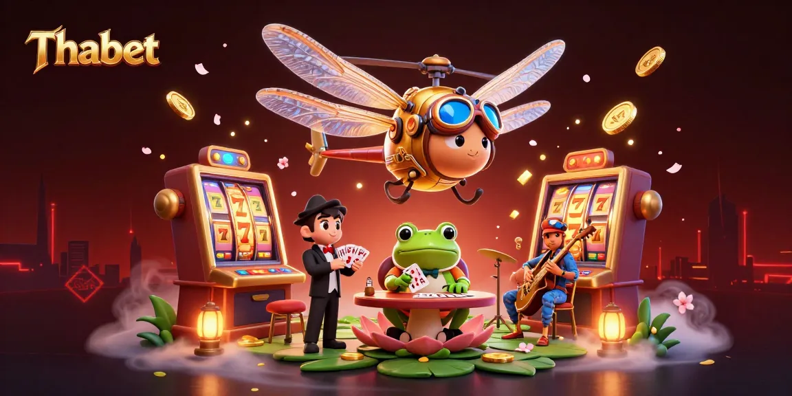 Experience the excitement of Thabet as the dragonfly pilot hovers over a lively casino scene filled with spinning slots and vibrant jazz.