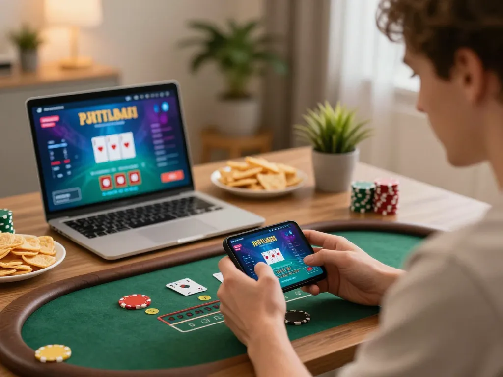 Engaging in strategic gameplay at vu88 through mobile casino app in a cozy home environment.