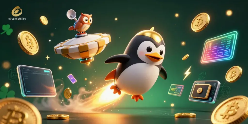 Experience thrilling gaming with sunwin, showcasing a penguin flying towards a casino in space.