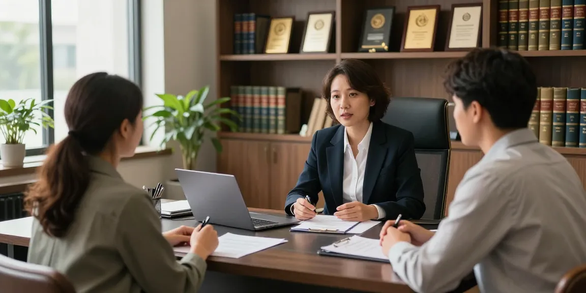 Engaging consultation scene with lawyer assisting clients at a law office, anchor for legal expertise.