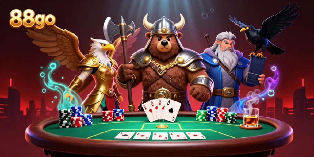 88go poker scene featuring a Viking bear and Valkyrie eagle with dynamic elements.
