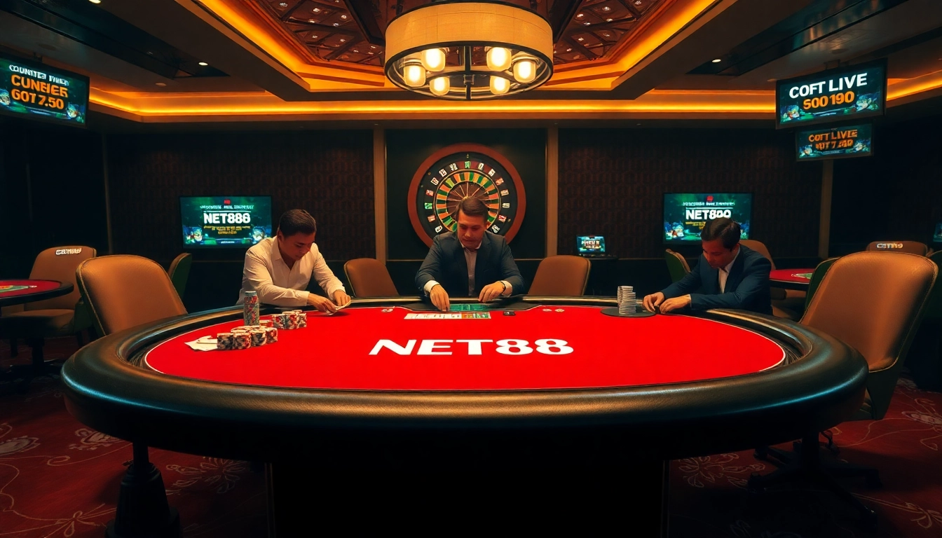 Players enjoy a thrilling game at the NET88 poker table, showcasing excitement and strategy.