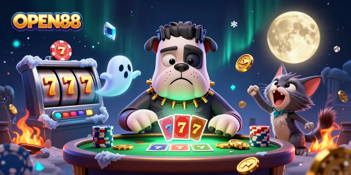 Engage in thrilling gaming at OPEN88 with a whimsical illustration of characters at a casino.