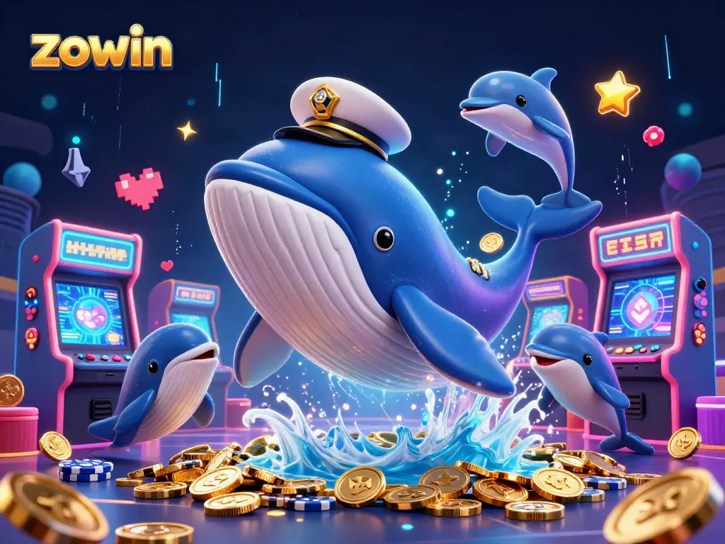 Zowin offers thrilling gameplay with a giant whale and playful dolphins in a vibrant casino scene filled with game elements.