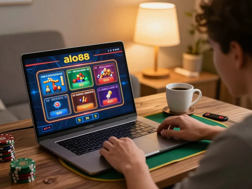 Engaged user exploring various casino games on alo88 platform in cozy home setting.