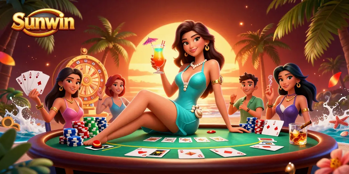 Play the Sunwin casino game with excitement at a tropical beach resort.