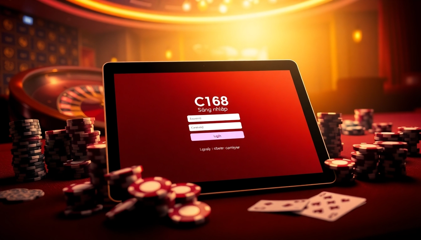 C168 đăng nhập - Engaging online gambling scene with tablet, poker chips, and casino atmosphere