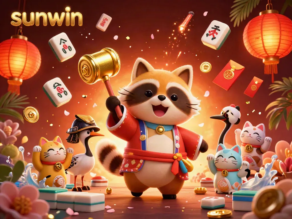 Play and win big with Sunwin: A vibrant 3D illustration featuring casino elements and lucky characters.