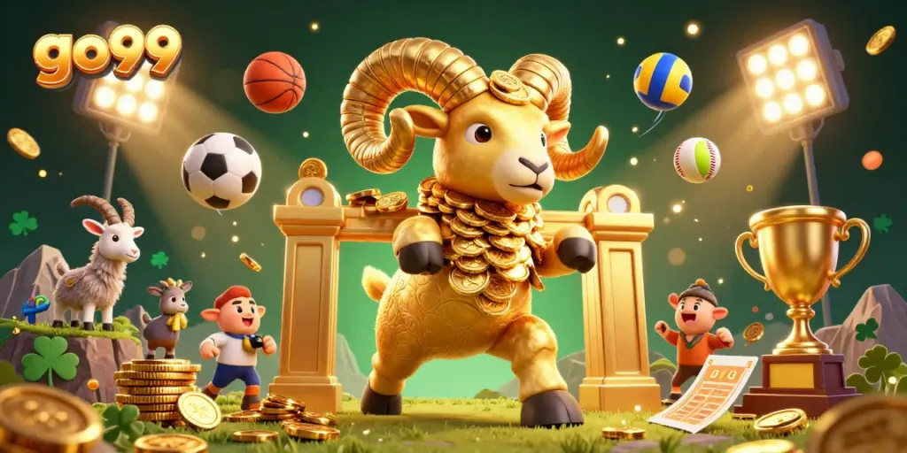 Experience thrilling action with go99 in this vibrant 3D casino scene featuring a golden ram charging towards fortune.