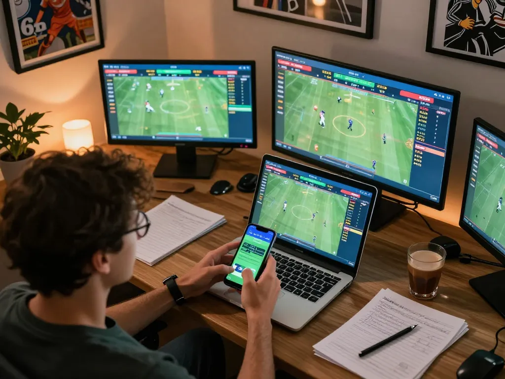 Excited individual analyzing tỷ lệ bóng đá kèo nhà cái on smartphone during live sports betting session