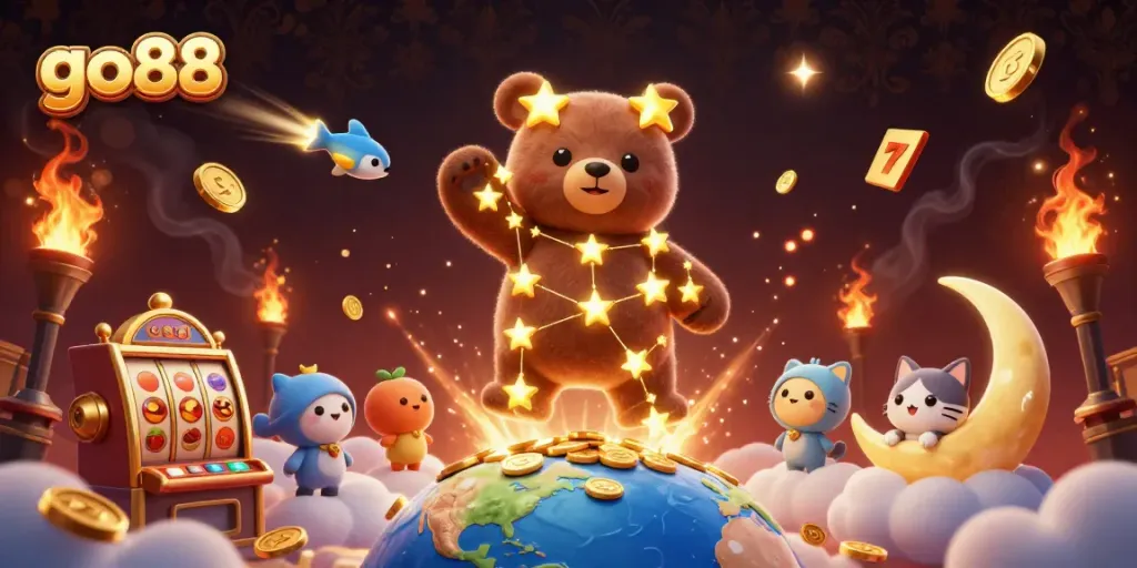 Experience winning with go88's vibrant 3D casino scene featuring golden stars, coins, and thrilling slot elements.