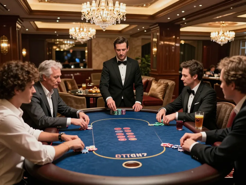 High-stakes poker game in a luxurious setting at https://13win-asia.com/ with exclusive decor and engaged players.