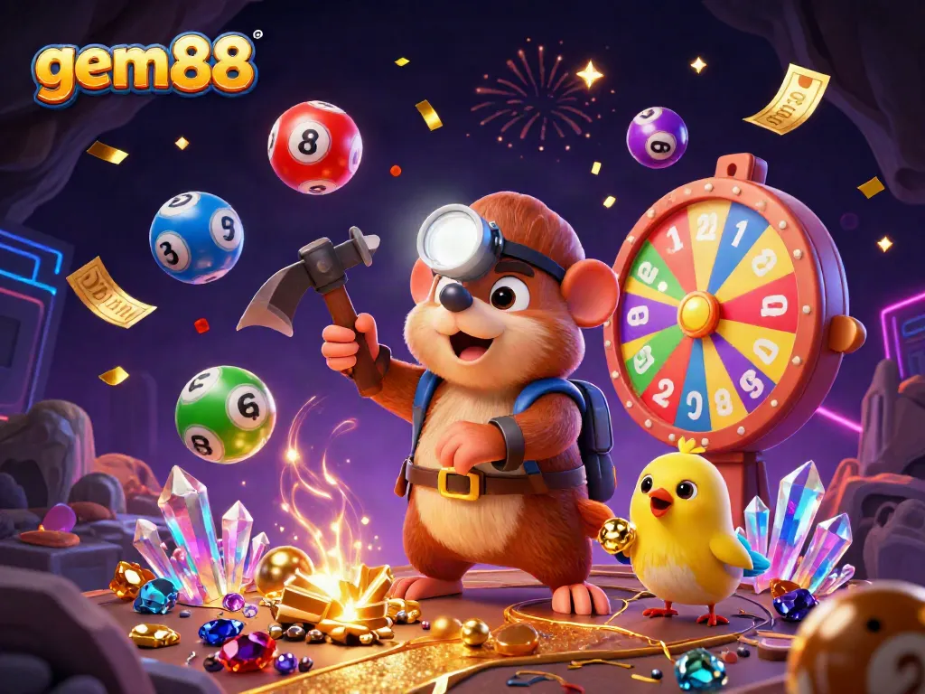 Experience thrilling jackpot excitement with gem88 in this vibrant, detailed 3D scene featuring a treasure hunter and dynamic game elements.