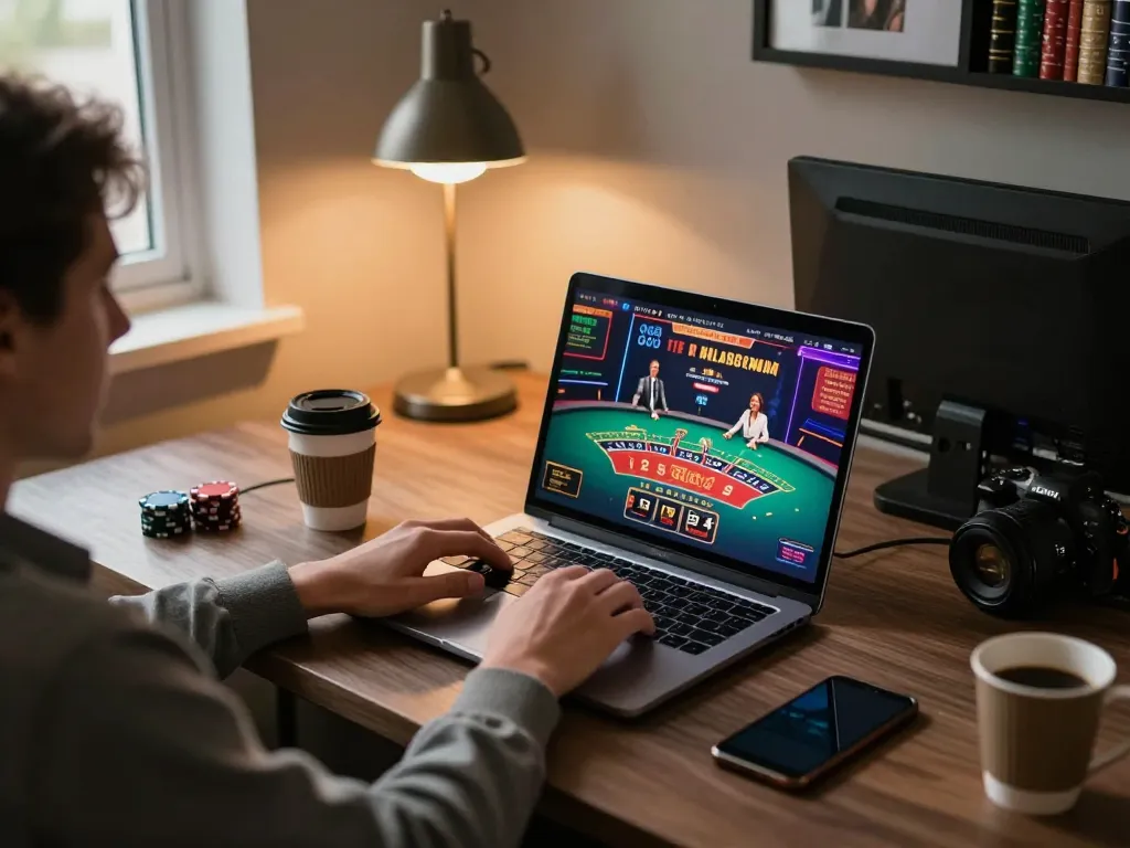 Engaging moment at tr88 online casino with player strategizing blackjack game on laptop.